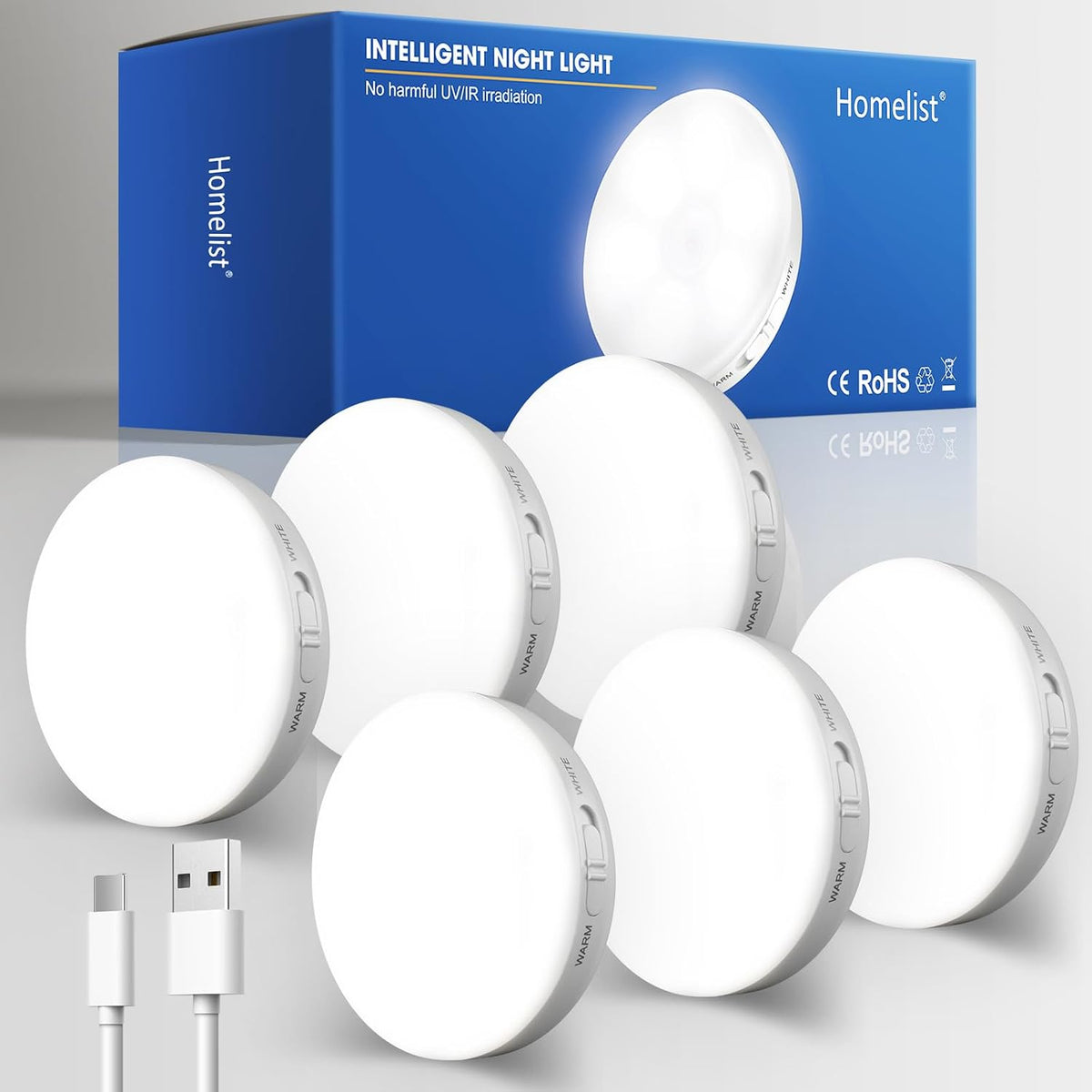 Homelist Motion Sensor Lights Indoor, Rechargeable Night Light, 6 Pack