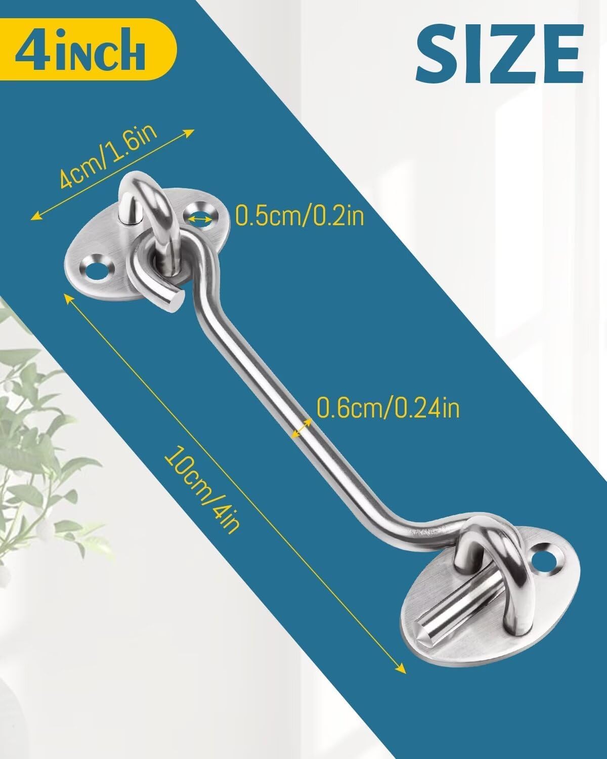 4 Inch Hook and Eye Latch, 1Pcs Stainless Steel Silver Gate Hook