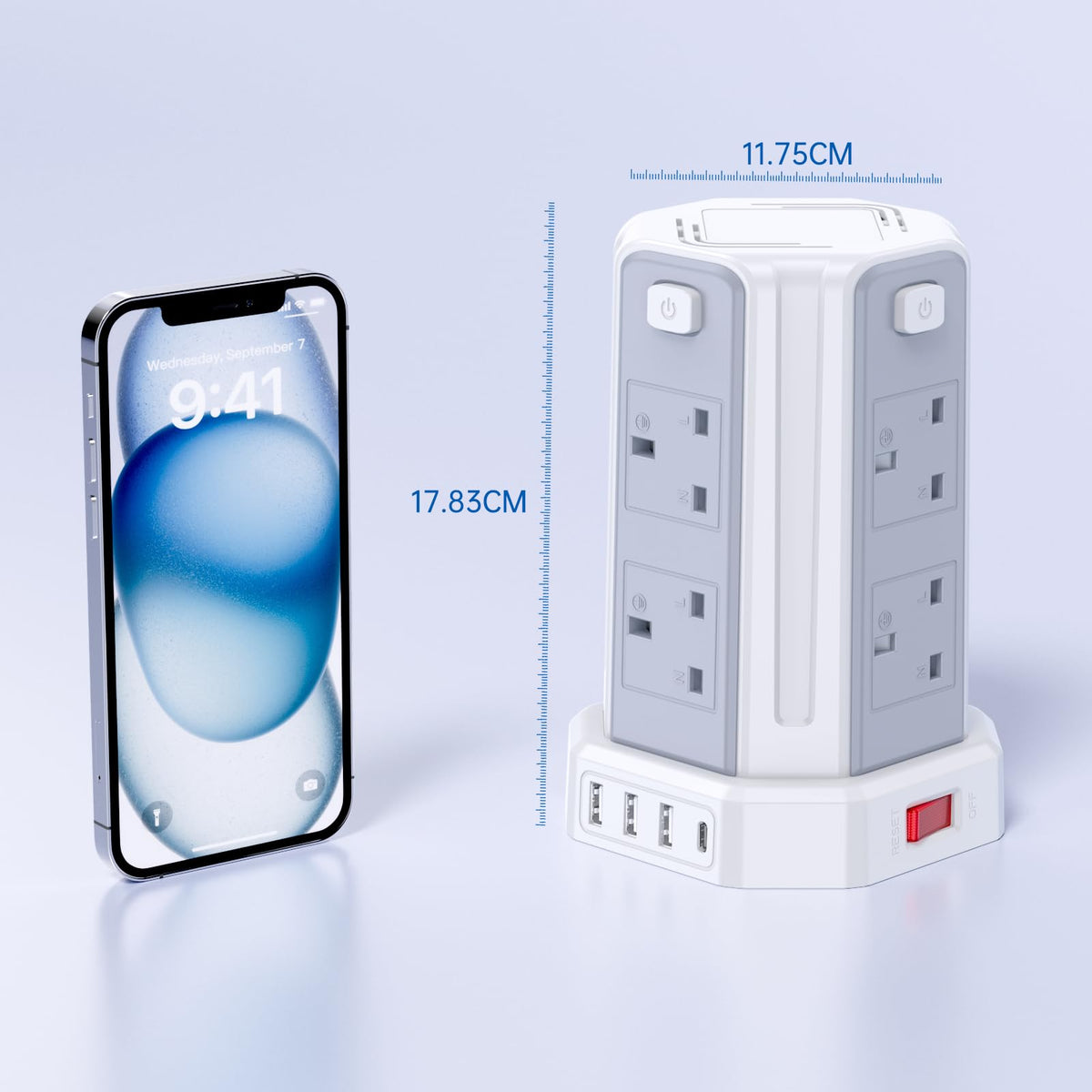 Tower Extension Lead 3M, [13A 3250W] Extension Lead, 8 AC Outlets & 4 USB Ports Multi Plug Socket Power Strip with 3M Extension Cable for Home, Office