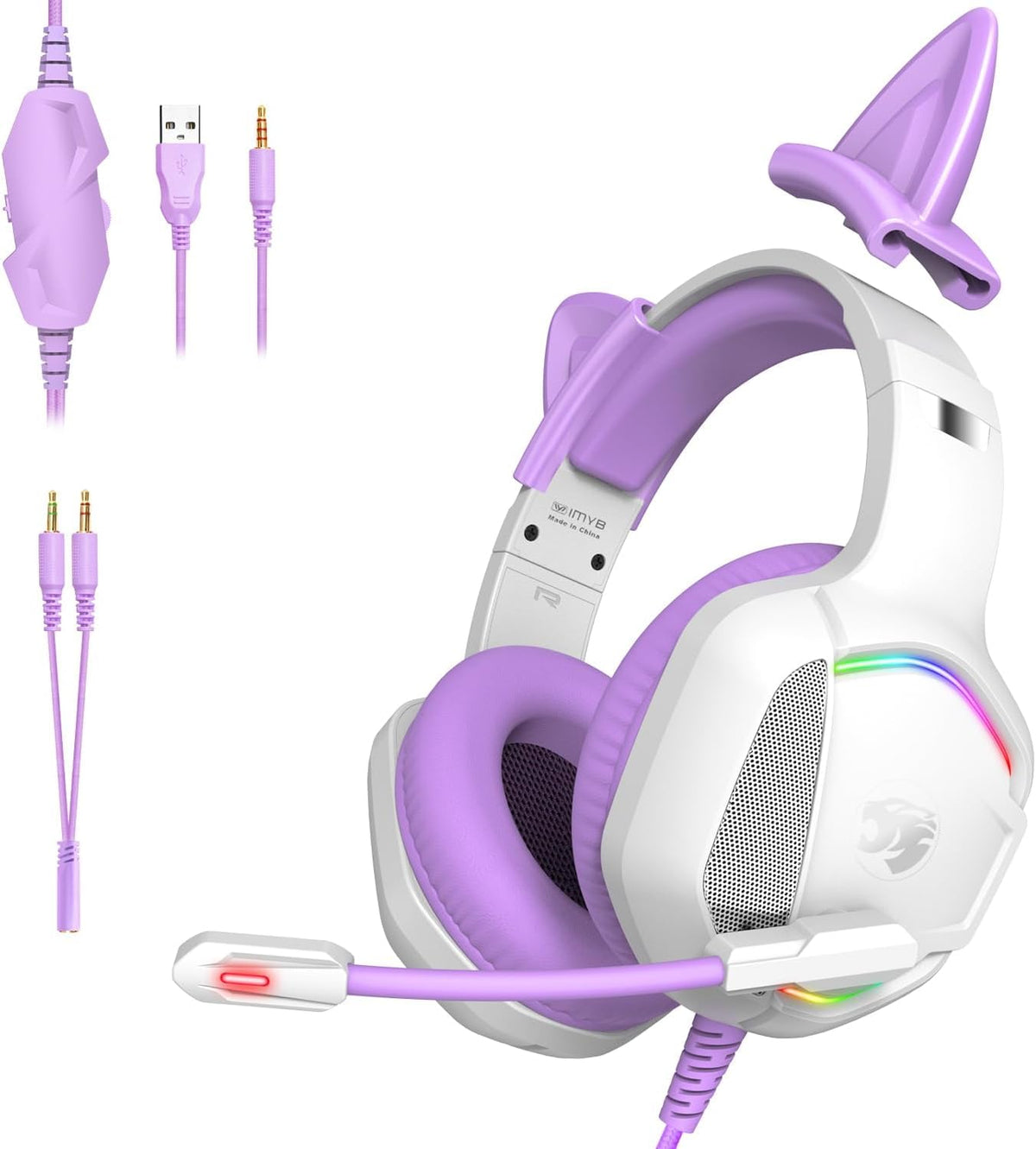 IMYB Gaming Headset with Microphone for Pc, Xbox One Series X/s, Ps4, Ps5, Stereo Wired Noise Cancelling Over-Ear Headphones with Mic, RGB, for Computer, Laptop, Mac, Gamer (White)