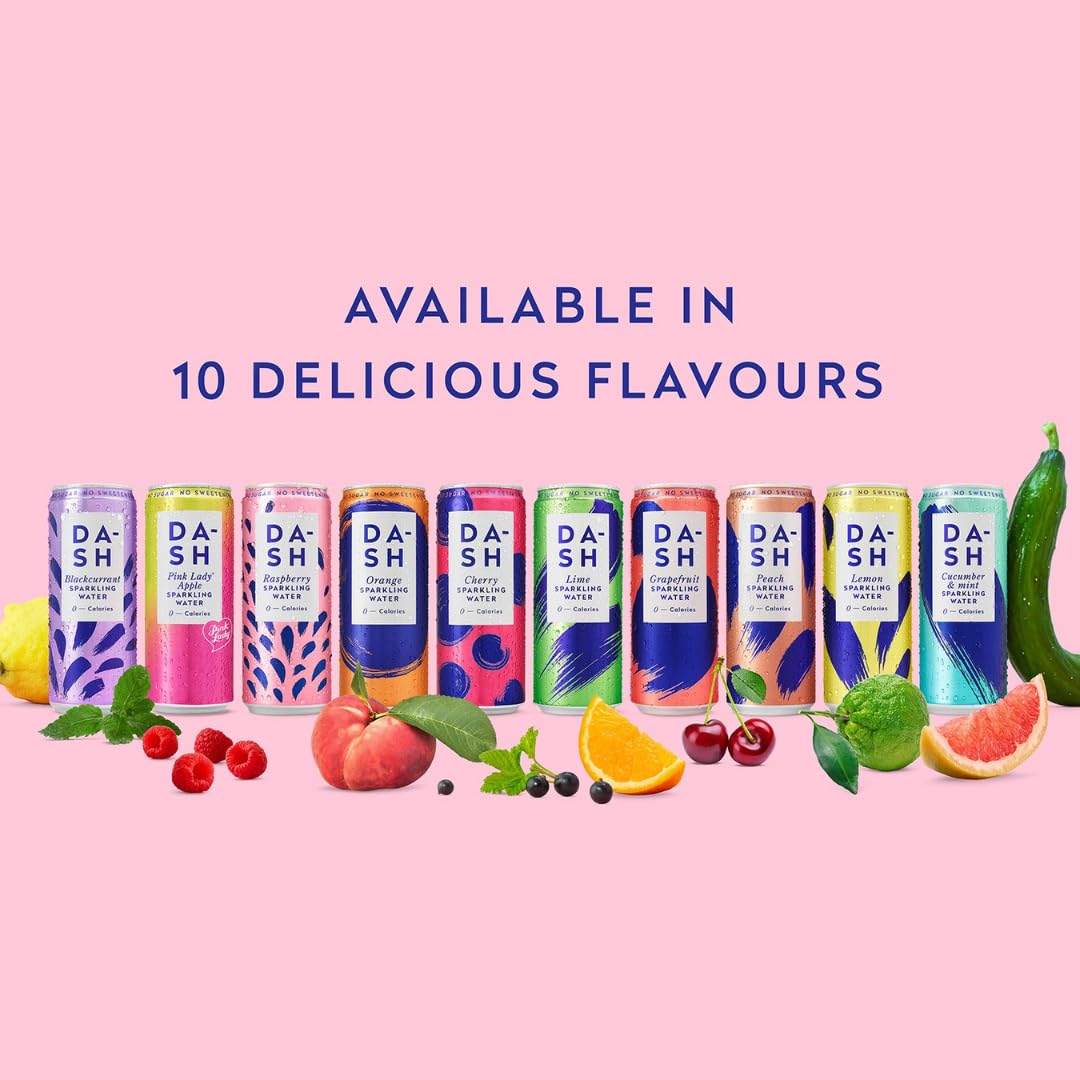 DASH Water Raspberry - 12 x Raspberry Flavoured Sparkling Spring Water - NO Sugar, NO Sweetener, NO Calories - Infused with Wonky Fruit (12 x 330ml cans)