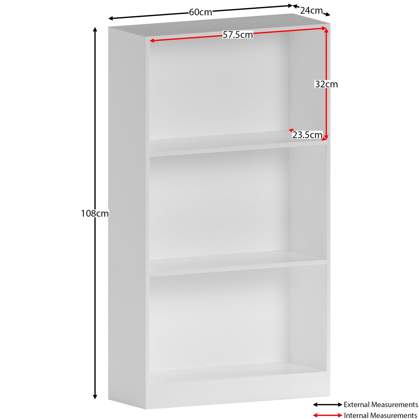 Vida Designs Cambridge 3 Tier Low Bookcase, White Wooden Shelving Display Storage Unit Office Living Room Furniture