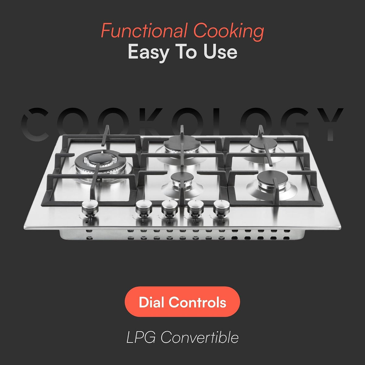 Cookology 70cm 5-Burner Gas Hob - Wok Burner - Stainless Steel