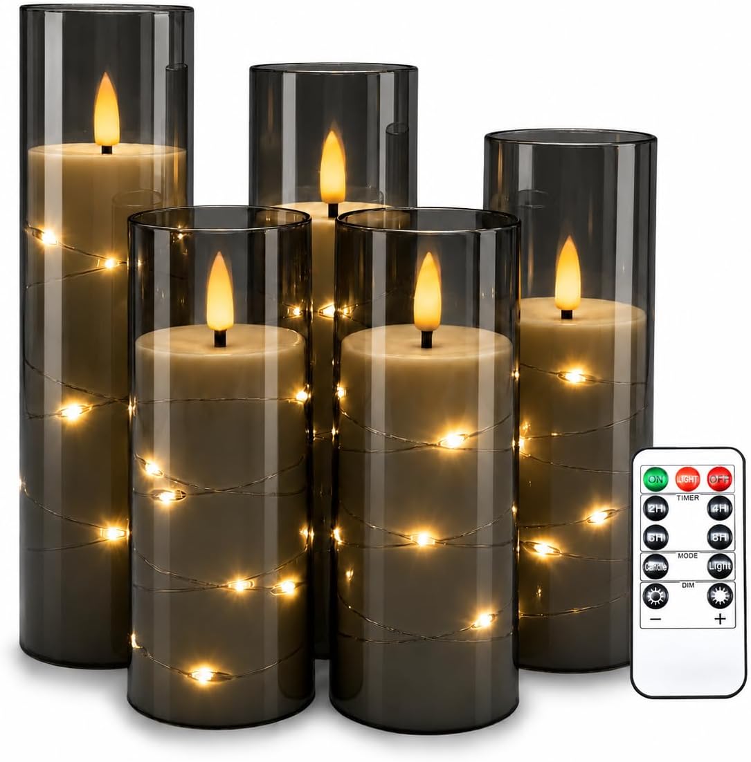 5 Pack Ivory Transparent Taper Candles, Black Wick Flickering Flameless LED Candles with Fairy Lights, Heat Resistant Reusable Plastic Candles, Remote Control, 14/14/16/18/20cm, Indoor Outdoor Decor