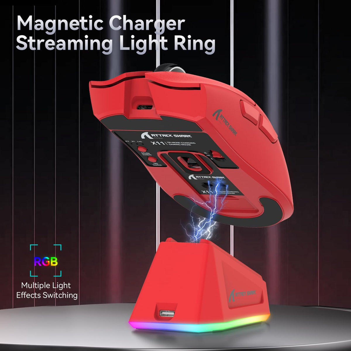 ATTACK SHARK X11 Gaming Mouse with Magnetic Charging Dock, PixArt PAW3311 Gaming Sensor, BT/2.4G Wireless/Wired Gaming Mouse with Mouse Grip Tape, 22000 DPI, Gamer Mice for Win11/Xbox/PS/Mac (Red)