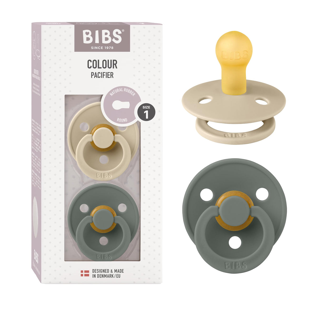 BIBS Colour Soother 2-Pack, BPA Free Dummy Pacifier, Round Nipple. Natural Rubber Latex, Made in Denmark, Size 2 (6-18 Months), Baby Blue