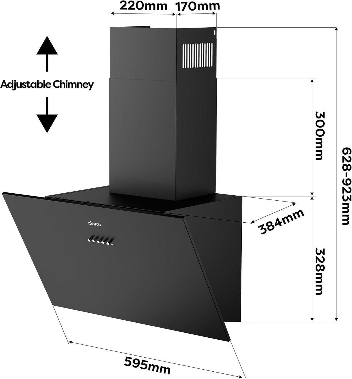 CIARRA CBCB6736C Angled Cooker Hood 60cm with CBCF002X2 Carbon Filters Recirculating & Ducting LED Lights Black Painting&Tempered Glass Wall Mounted Range Hood 600mm Kitchen Extractor Fan