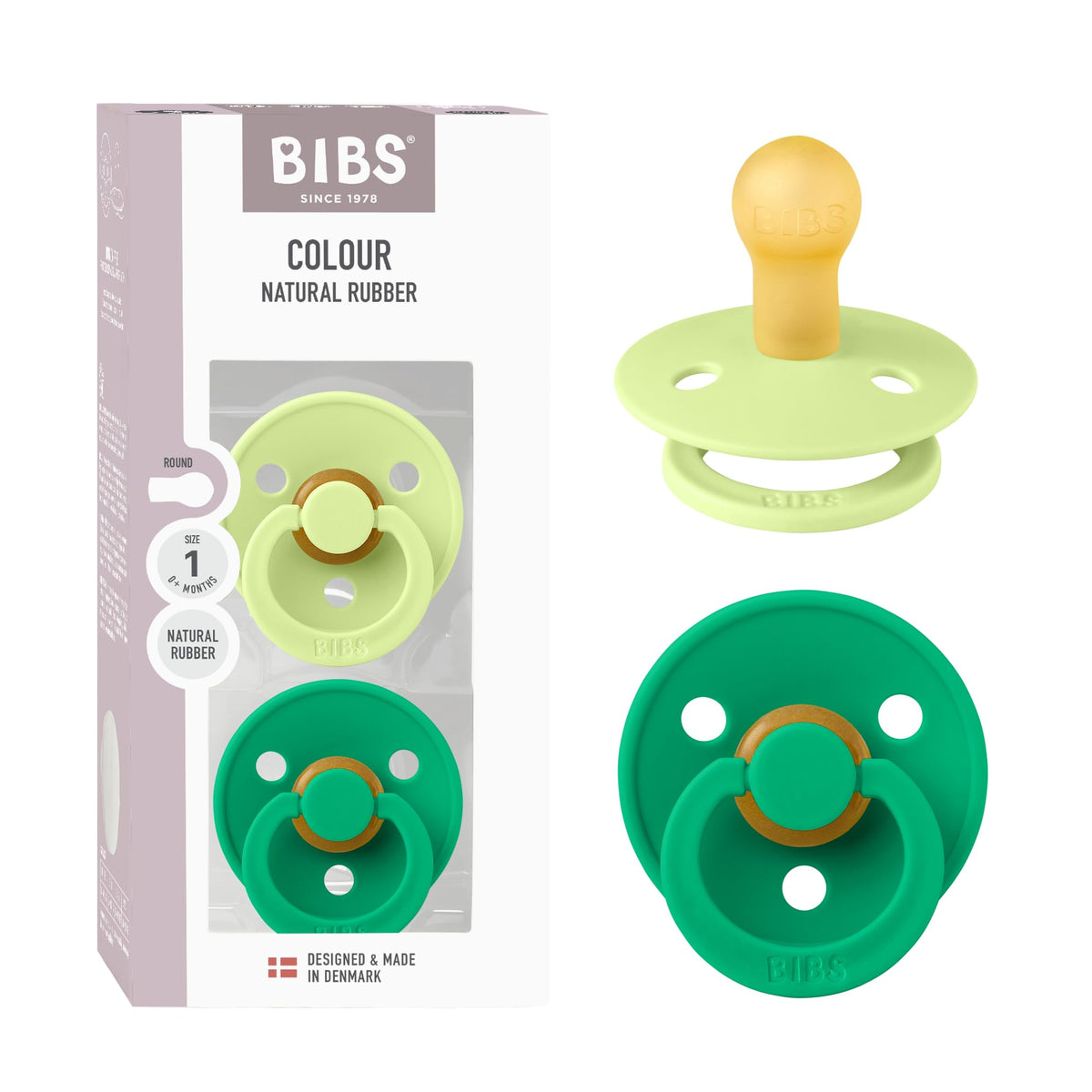 BIBS Colour Soother 2-Pack, BPA Free Dummy Pacifier, Round Nipple. Natural Rubber Latex, Made in Denmark, Size 2 (6-18 Months), Baby Blue