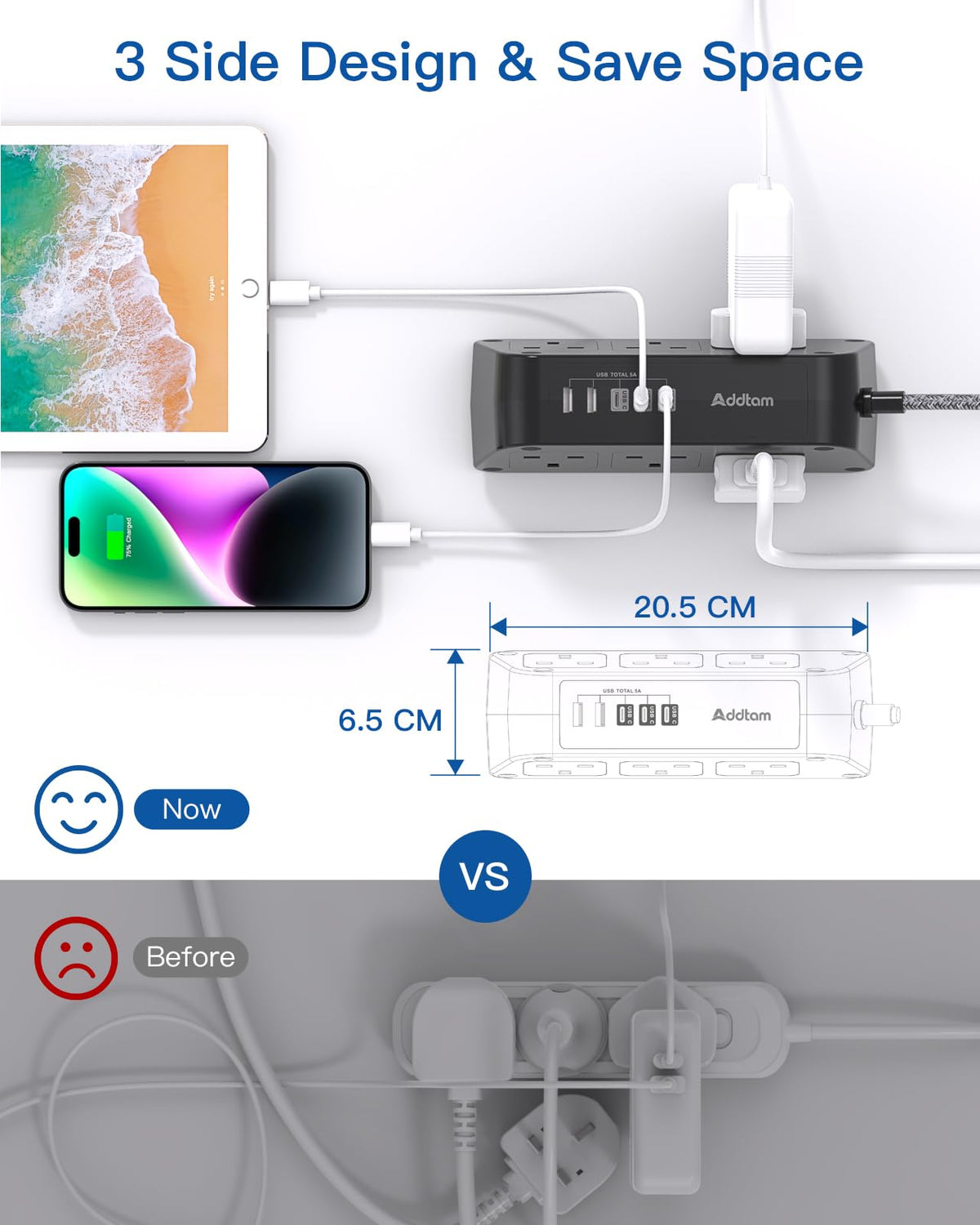 Addtam Extension Lead with USB Slots, 6 Way Outlets 5 USB(5A, 3USB- C Port)