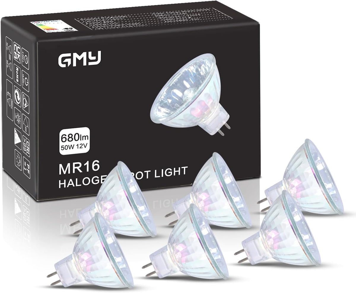 GMY 4000 Hours Lifetime MR16 Halogen Light Bulbs 50W 12V Dimmable Spotlights for Ceiling Light, 36° Beam Angle, 3000K Warm White, GU5.3 Base, Dichroic 6 Pack