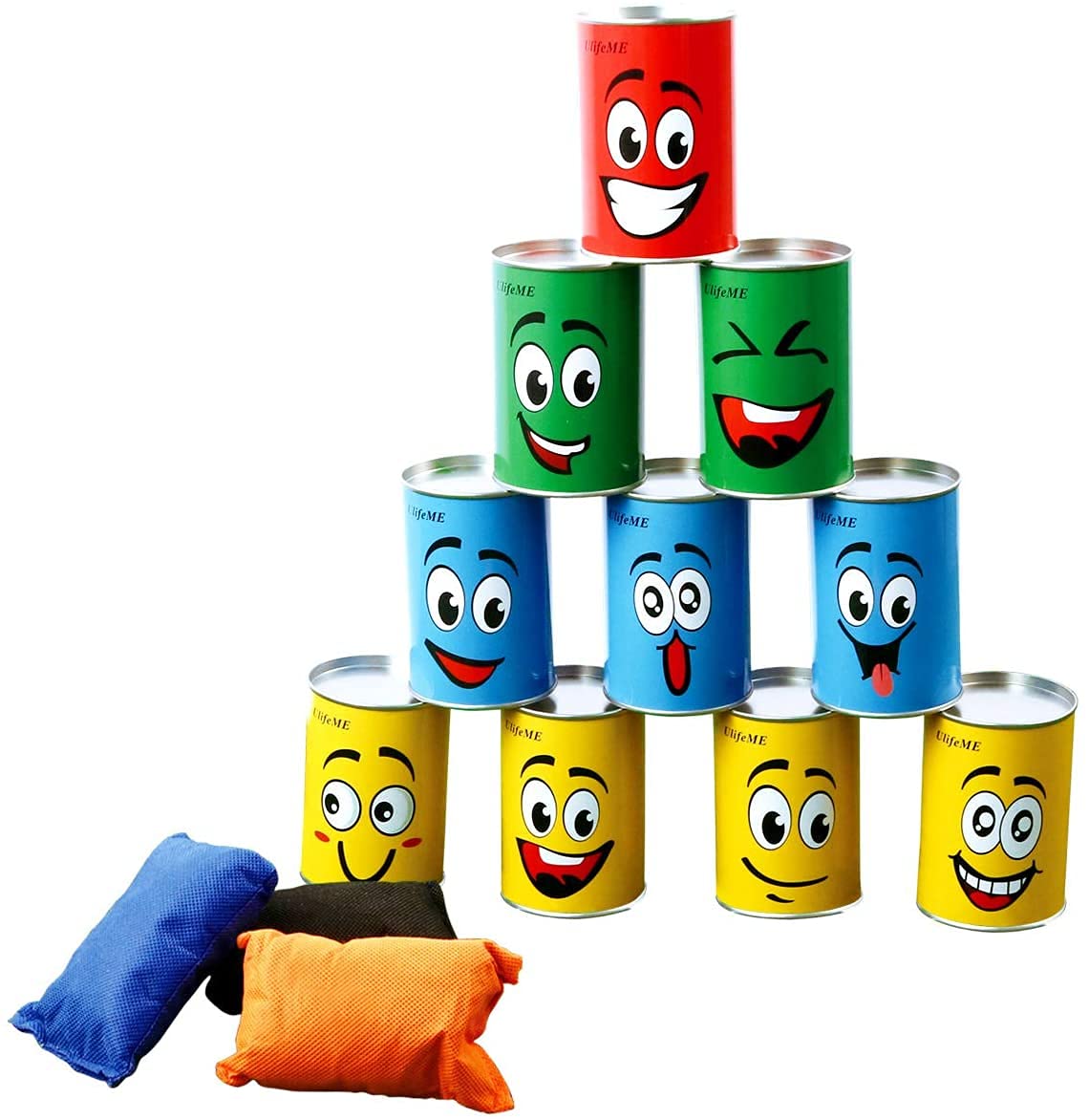 Tin Can Alley Game, Outdoor Garden Target Shooting Fairground Games for Kids & Children, Garden Party Toys Gift for Boys & Girls: 10pcs Fun Smile Knock Down Tin Cans and 3pcs Beanbags