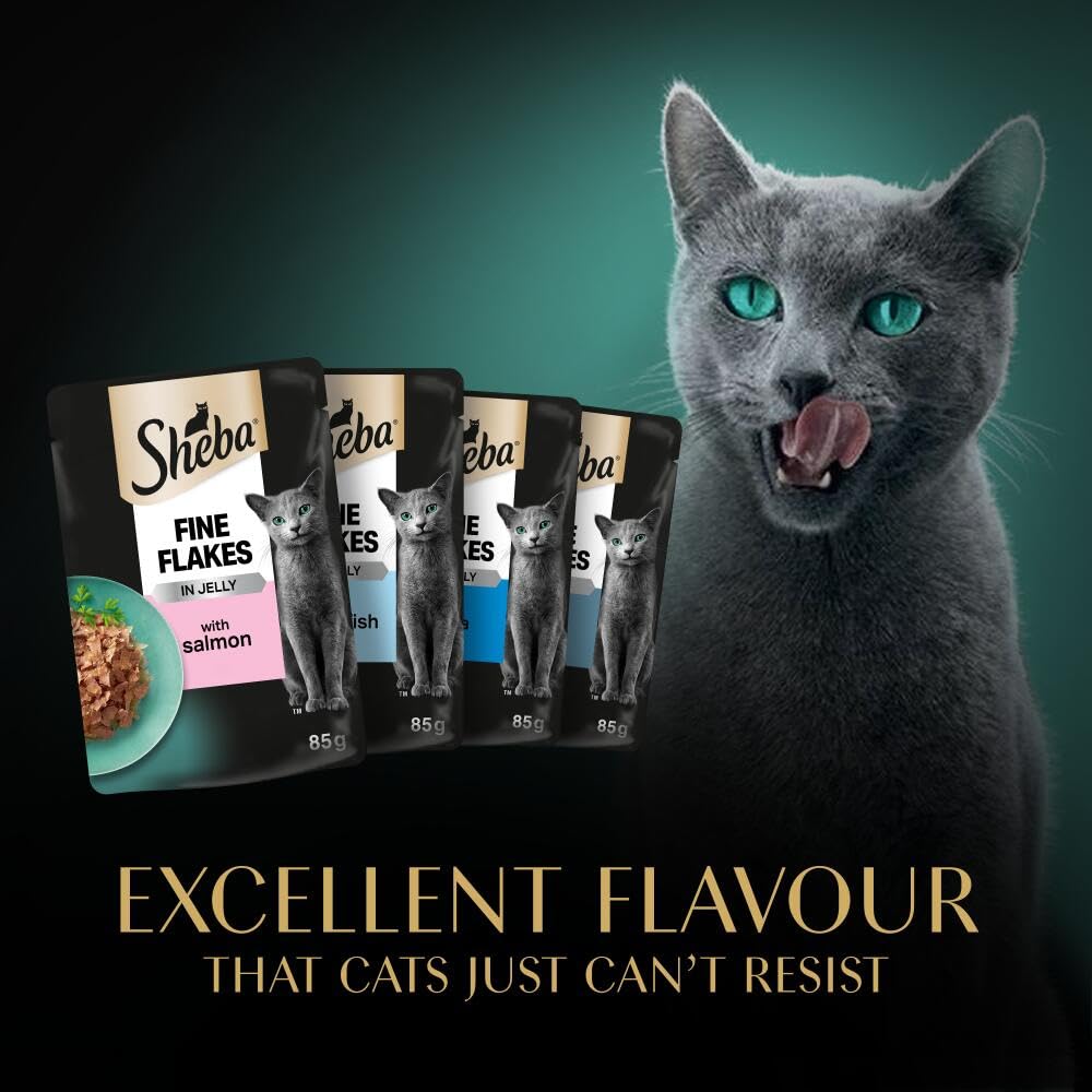 Sheba Fine Flakes in Jelly – Poultry Collection – Wet cat food pouches for adult cats – 40x85g pack
