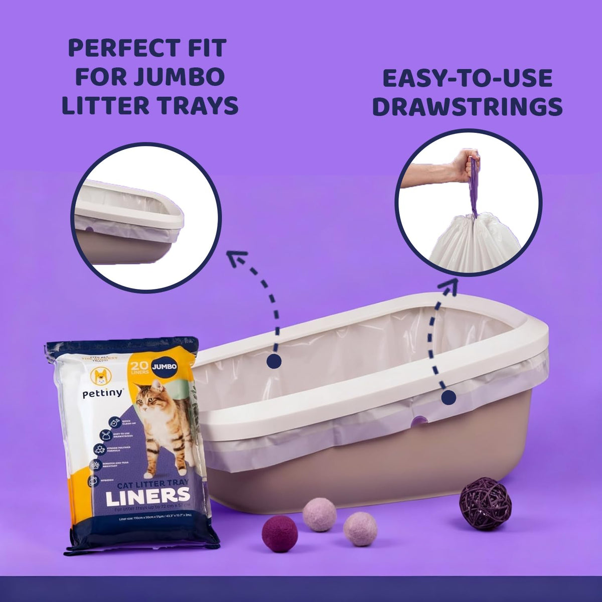 Pettiny 20 XL Cat Litter Tray Liners with Drawstrings Scratch Resistant Bags for Extra Large Litter Box