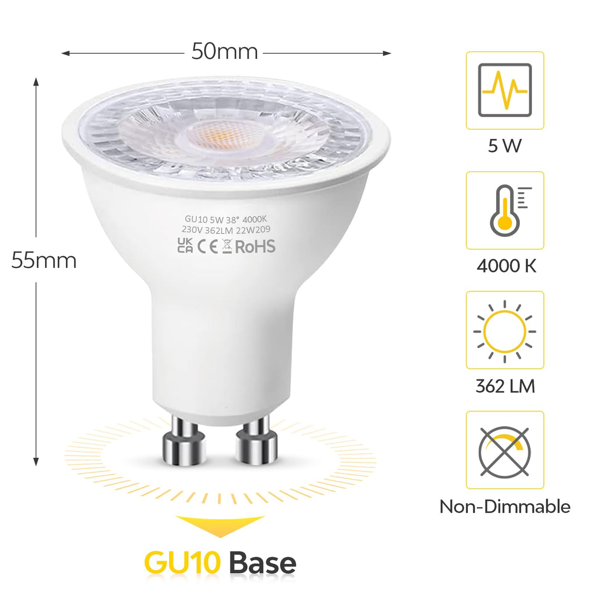 Levidon GU10 LED Bulbs, Warm White 2700K, 5W LED GU10 Spotlight Bulb, 50W Halogen Spotlight Bulbs, 220-240V 362LM 38 Degree Narrow Beam Angle Energy Saving Non-dimmable Pack of 10