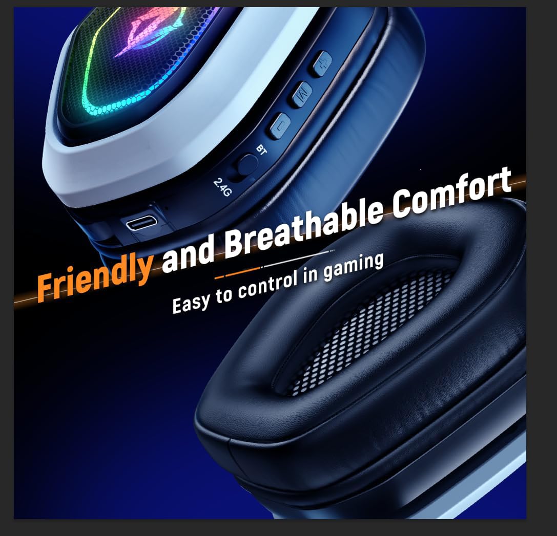 Ozeino Wireless Gaming Headset with Microphone, 2.4G & Type C Transmitter - 40h Battery Life - RGB Lighting Gaming Headphones for Ps5, Ps4, PC, Switch, Phone (Pink)
