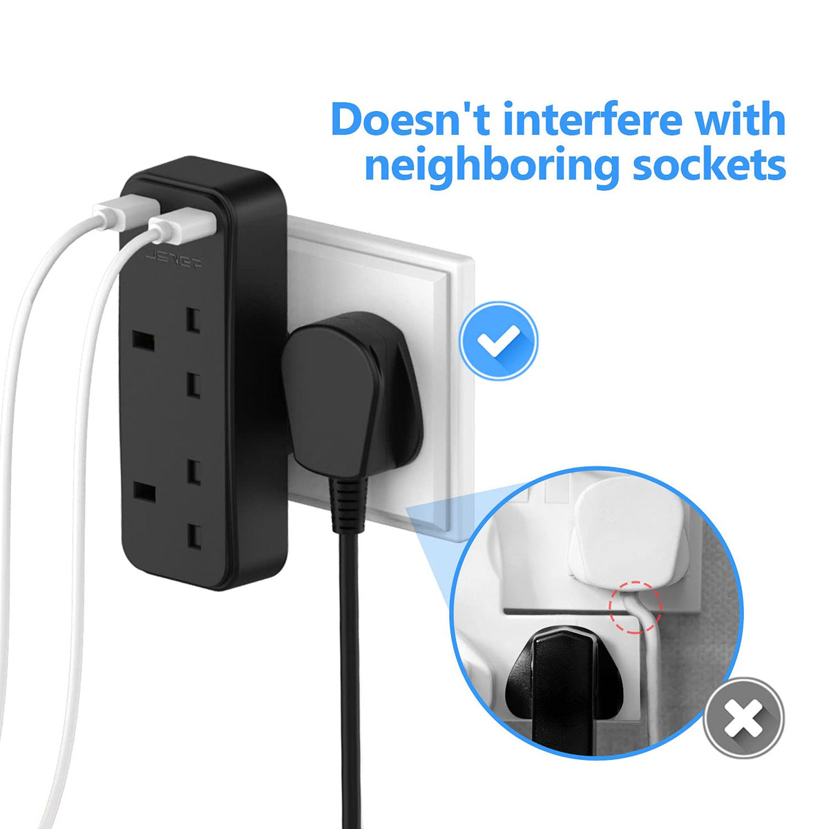 Double Plug Adaptor with 2 USB, JSVER Mini 2 Way Plugs Extension Sockets with USB Ports(5V/2.4A) Wall Charger Adapter, 13A UK 3 Pin Power Socket for Home, Office, Kitchen,White