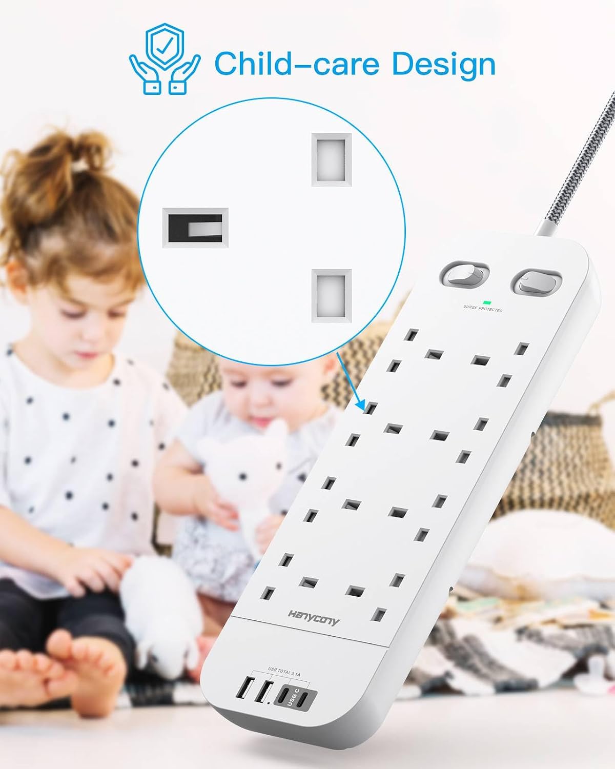 Extension Lead with 2 USB C Slots, 8 Way Power Strip Surge Protector