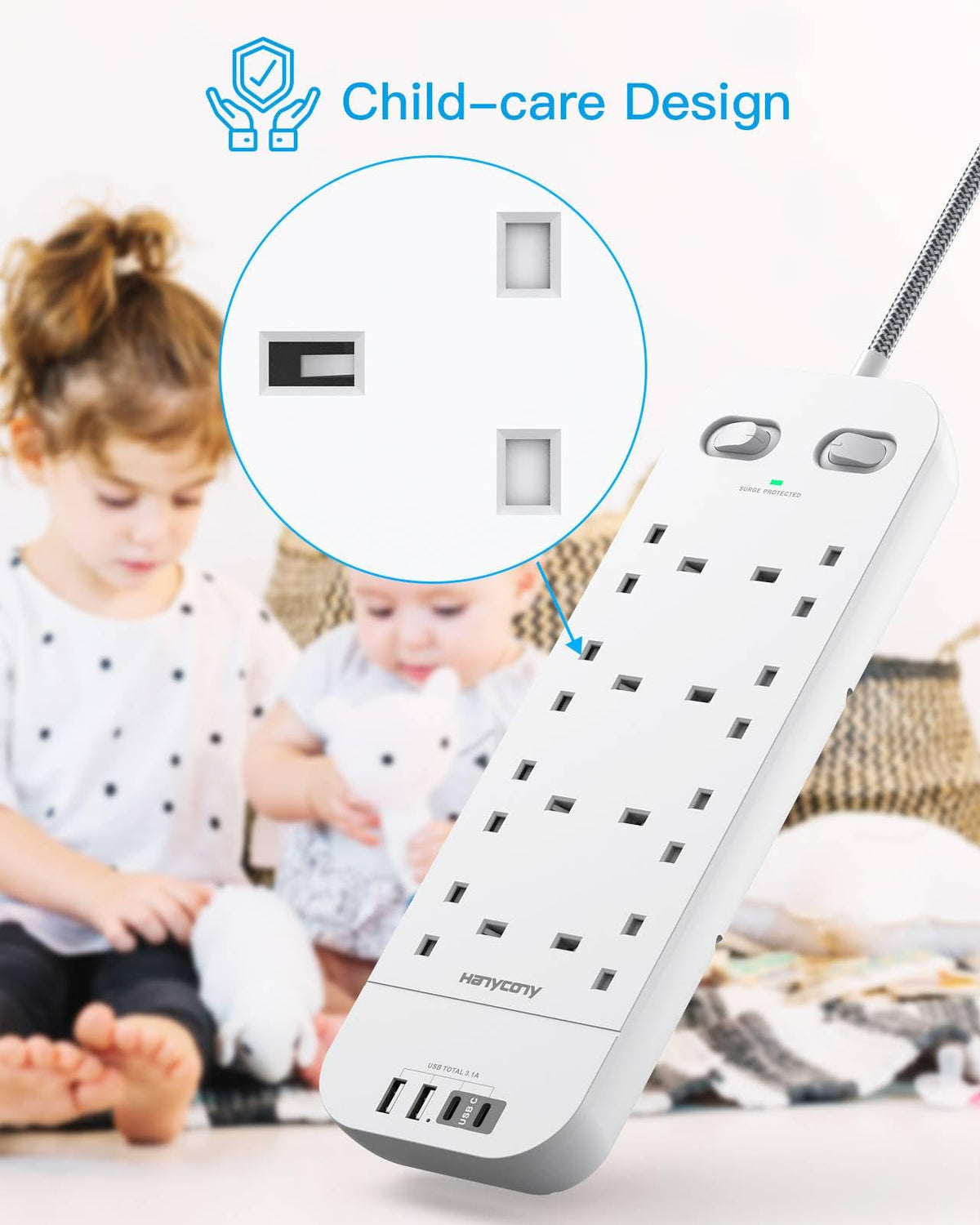 Extension Lead with 2 USB C Slots, 8 Way Power Strip Surge Protector