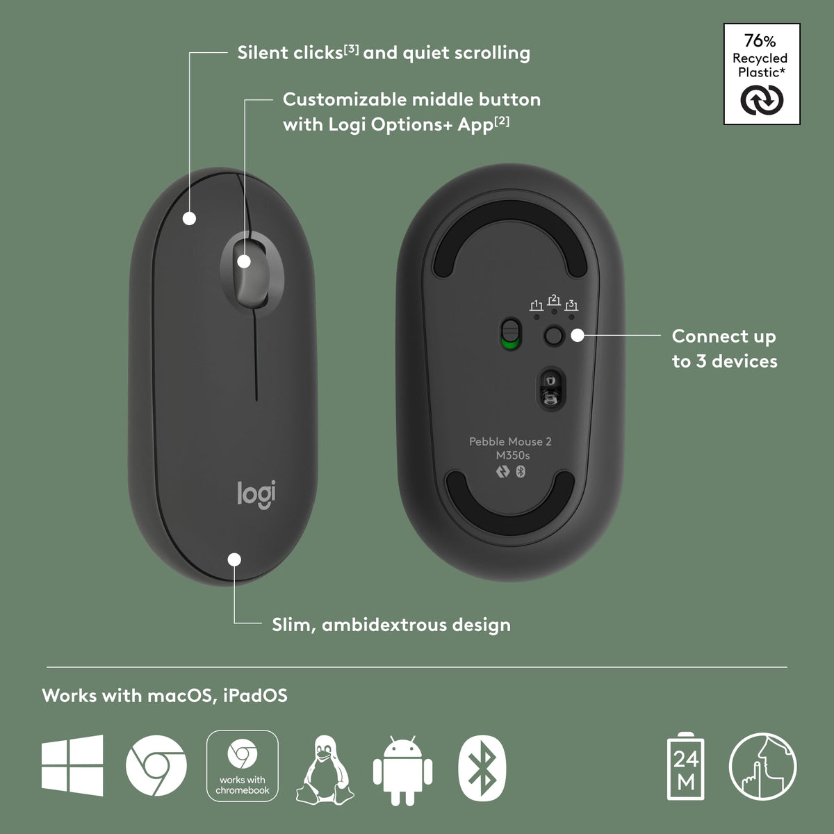 Logitech Pebble Mouse 2 M350s Slim Bluetooth Wireless Mouse