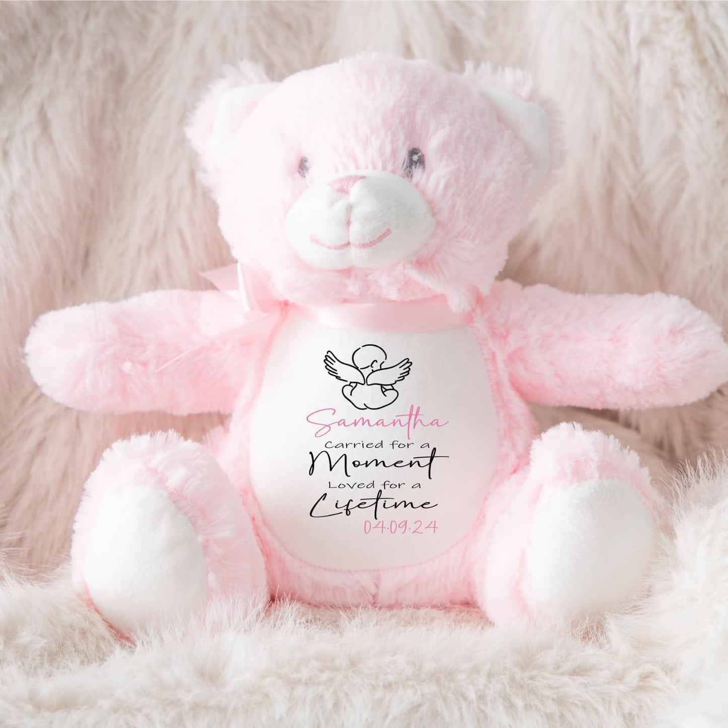 Personalised Teddy Baby Memorial Keepsake | Customised with Name or Message | Tribute for Baby Loss | Velveteen Rabbit Soft Toy | Grey, White