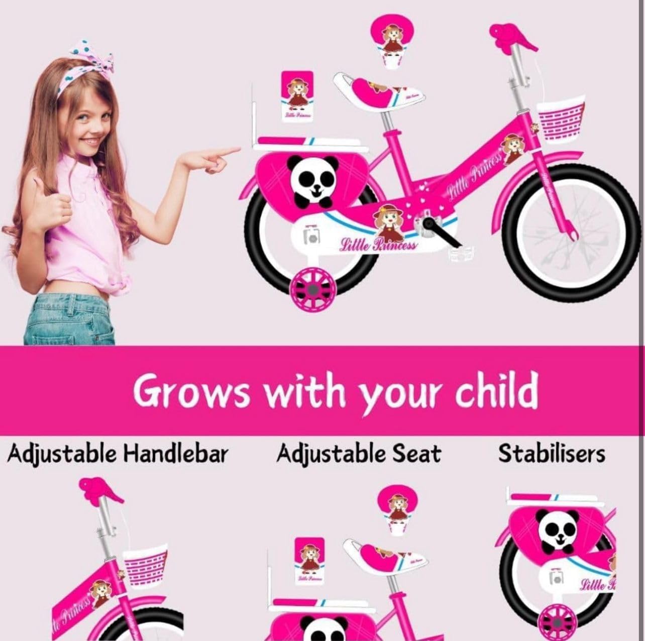 Pink Girls Bike 16" with Stabilisers, Basket & Bell — Adjustable Seat & Handlebars