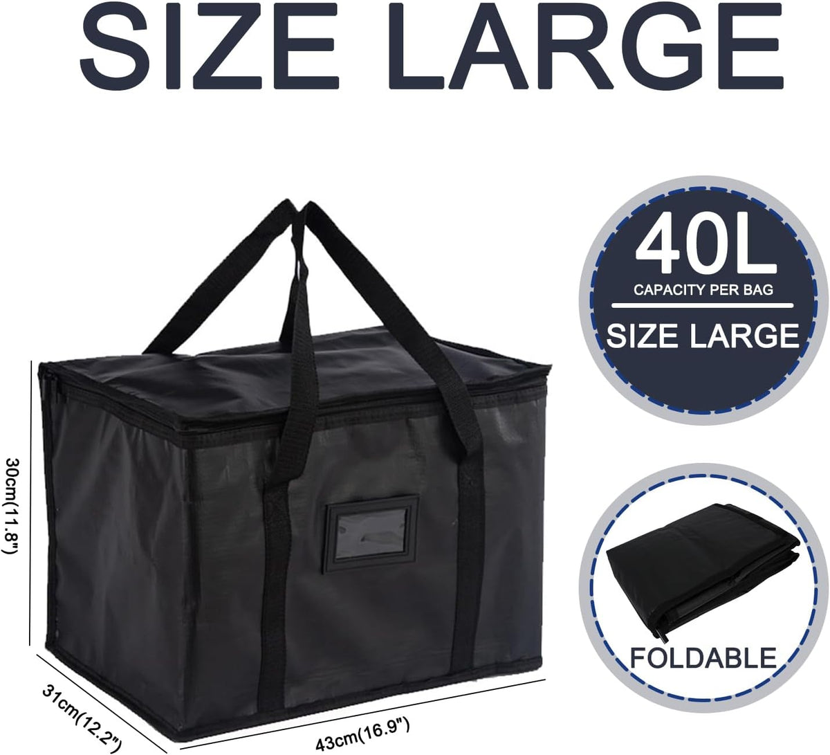 40L Insulated Thermal Food Delivery Bag for Hot & Cold Meals, Large Foldable Cooler with Insulation for Picnic, Camping, Lunch & Outdoor Use (Black)