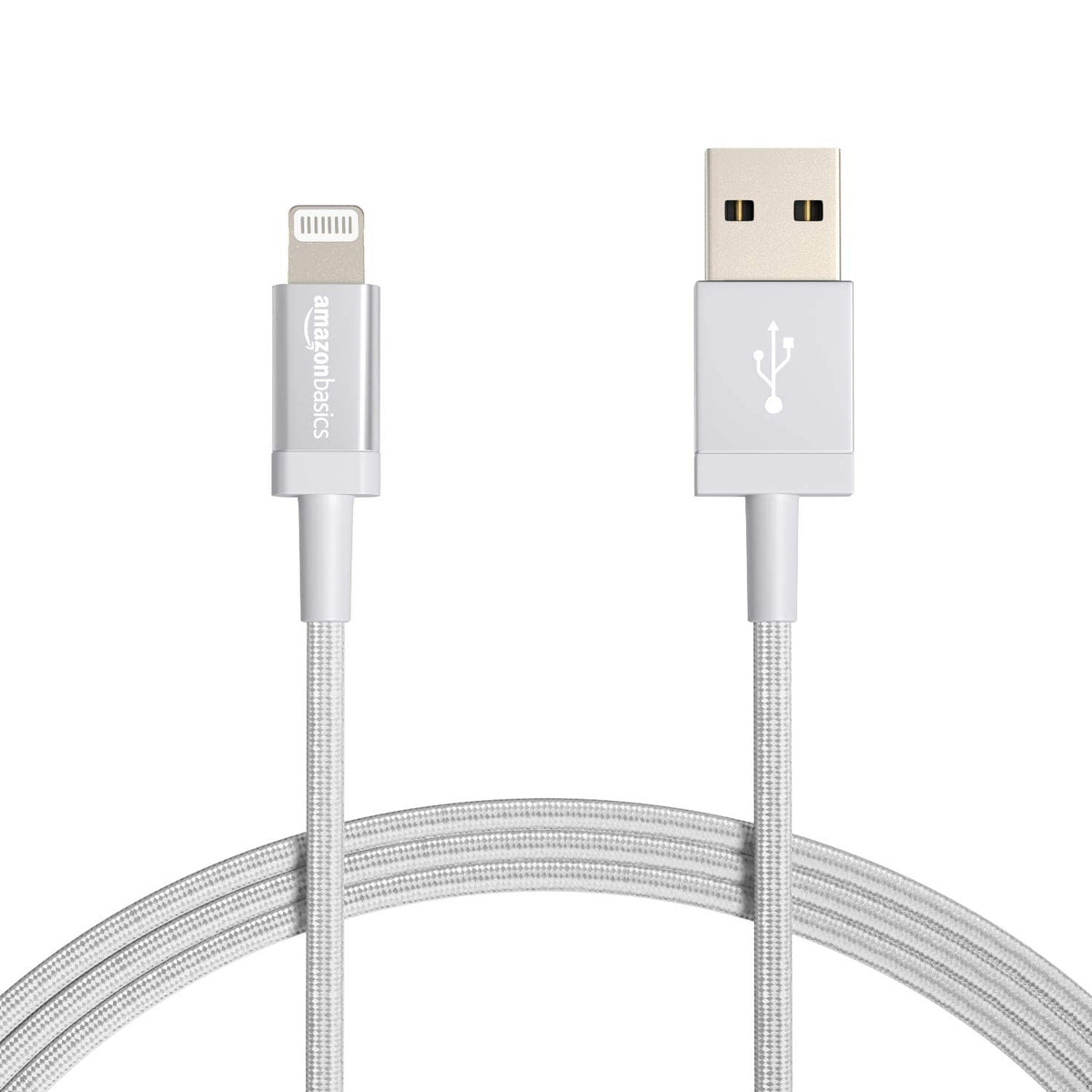 Amazon Basics USB-A to Lightning Charger Cable, Nylon Braided Cord, MFi Certified for Apple iPhone 14 13 12 11 X Xs Pro, Pro Max, Plus, iPad, 0.9 m, Silver