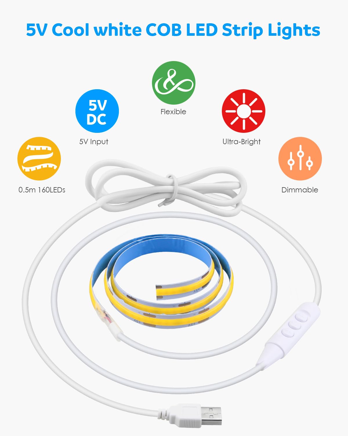 Aclorol 3M COB LED Strip Light Warm White 3000K 5V USB Flexible LED Light Strip 8mm Width Dimmable CRI85+ Dotless Tape Light High Density 320LEDs/M for Bedroom Kitchen Under Cabinet Home Decor