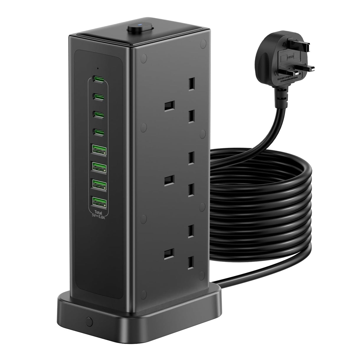 Tower Extension lead with USB Slots,6 Way Plug Extension Socket 3 Metres