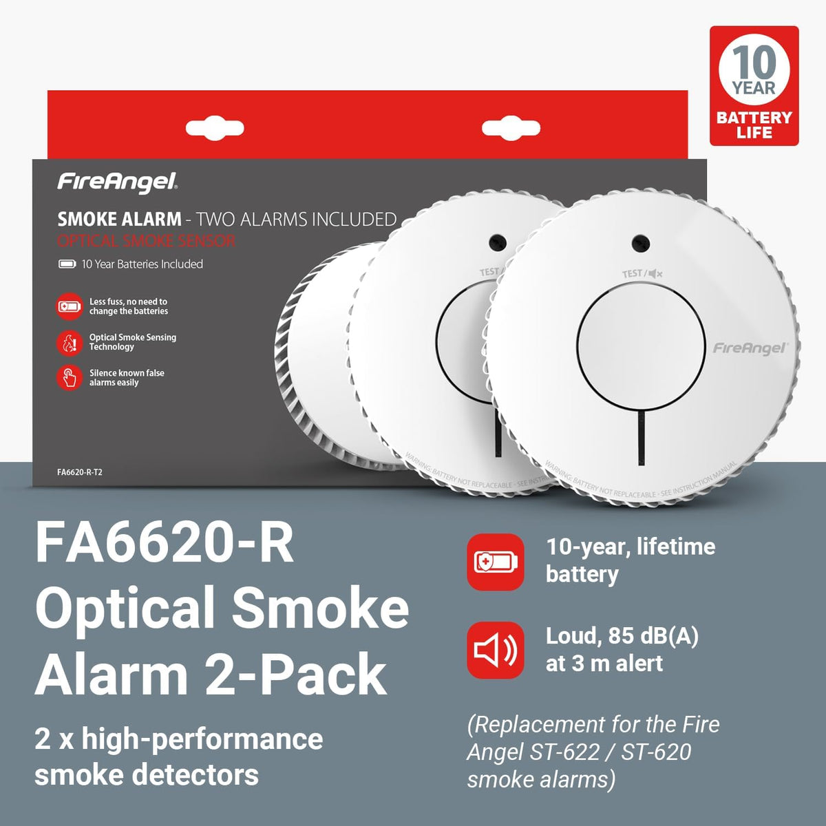 FireAngel FA6620 Optical, Battery Powered Fire/Smoke Alarms for Home