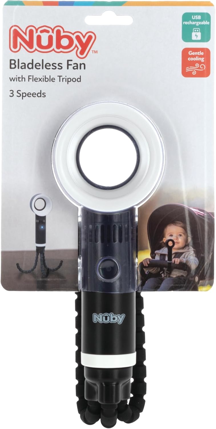 Nuby Portable Bladeless Pram Fan – Rechargeable | Flexible Tripod Legs | Safe & Quiet | Versatile & Portable