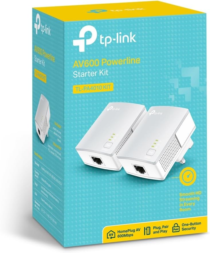 TP-Link TL-PA4010 KIT AV600 Powerline Adapter Starter Kit, HomePlug AV2 Powerline Network Adapters, Up to 600Mbps, 1× Fast Ethernet Port, Plug and Play, Energy Saving Mode, 300M Range