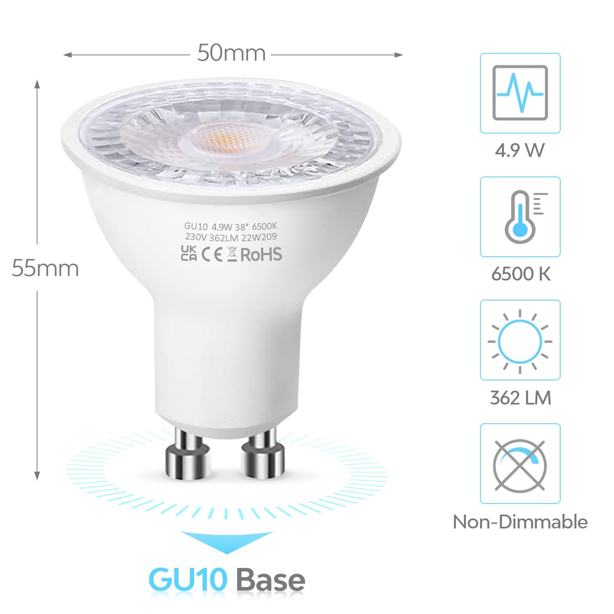 Levidon GU10 LED Bulbs, Warm White 2700K, 5W LED GU10 Spotlight Bulb, 50W Halogen Spotlight Bulbs, 220-240V 362LM 38 Degree Narrow Beam Angle Energy Saving Non-dimmable Pack of 10
