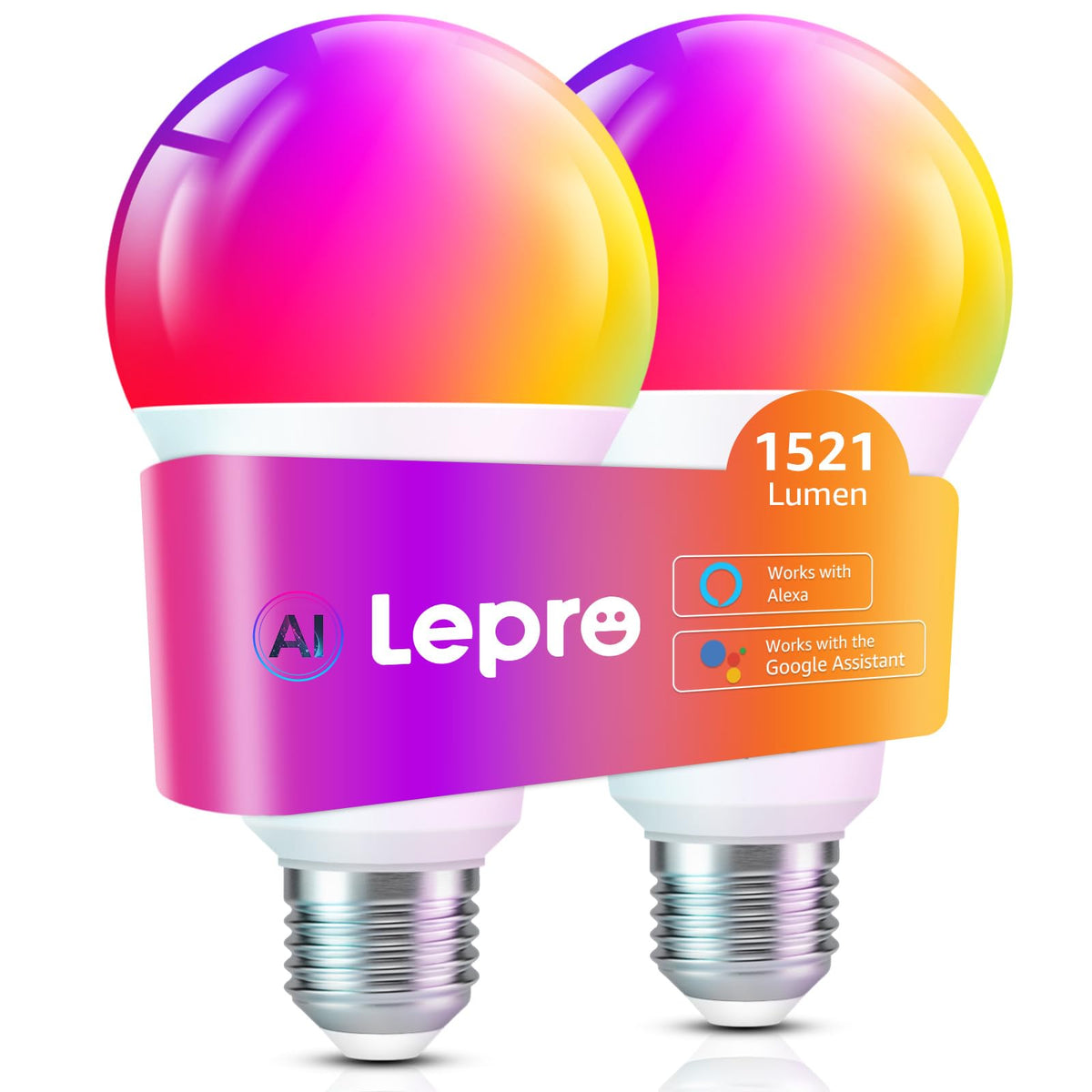 Lepro E27 Smart Bulbs, 806lm 8.5W, RGB Colour Changing, AI Lighting, 2 Pack