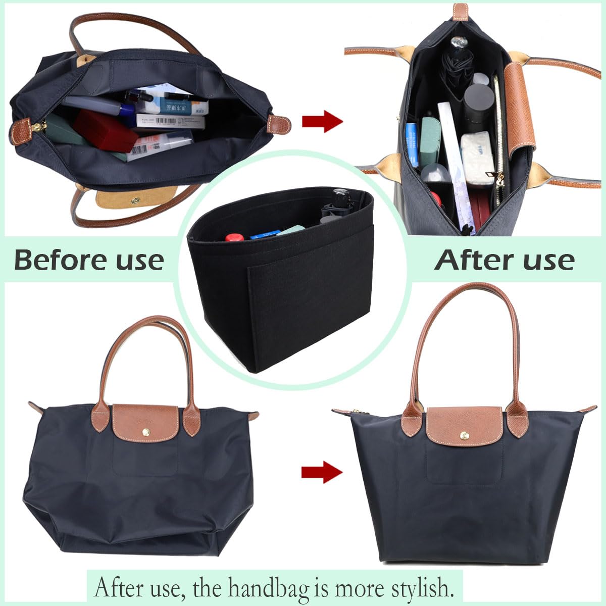 Lckaey tote bag organizer insert for Longchamp le pliage large tote insert felt purse zipper bag organizer 1028pink-S