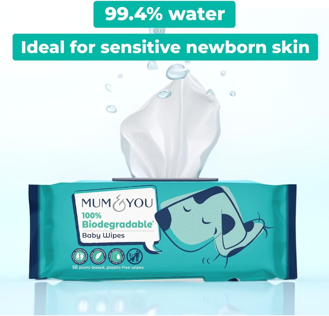 Mum & You Baby Wipes - Biodegradable Wet Wipes | 99.4% Water | Ideal for Sensitive Newborn Skin | 336 Newborn Wipes Bulk, Bum Wipes, Wet Tissue, Plastic free Wet wipes, (56 wipes x 6 packs)