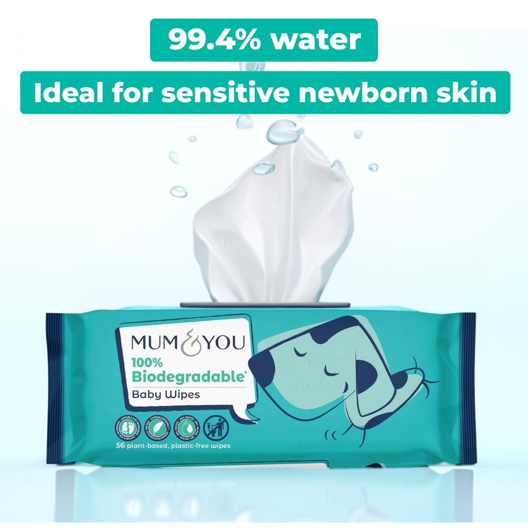 Mum & You Baby Wipes - Biodegradable Wet Wipes | 99.4% Water | Ideal for Sensitive Newborn Skin | 336 Newborn Wipes Bulk, Bum Wipes, Wet Tissue, Plastic free Wet wipes, (56 wipes x 6 packs)