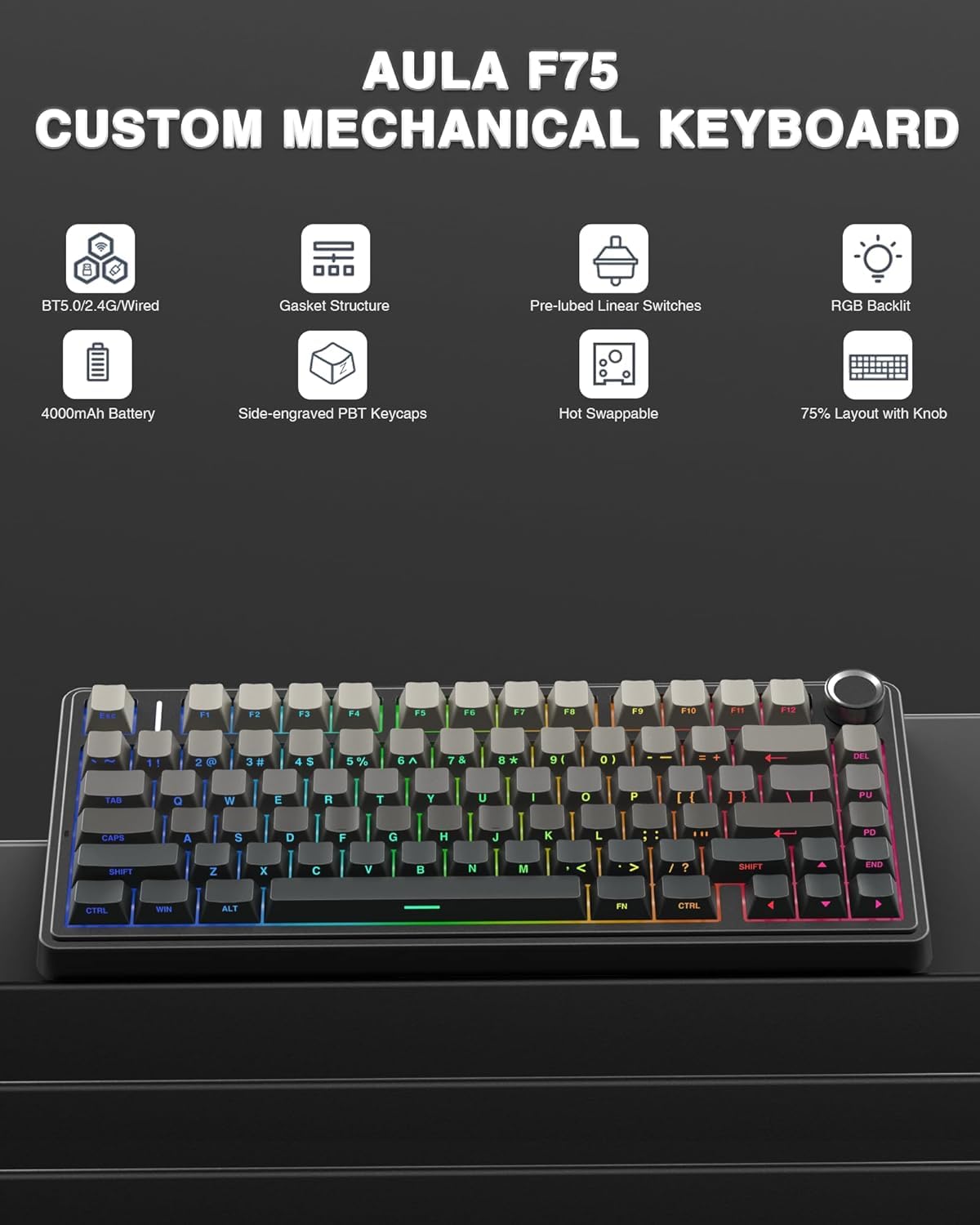 AULA F75 75% Wireless Mechanical Keyboard,2.4Ghz/Type-C/BT5.0 Gaming Keyboards,Advanced Structure,RGB Backlight,Hot Swappable Custom Keyboard for PC/Mac (Cool Black)