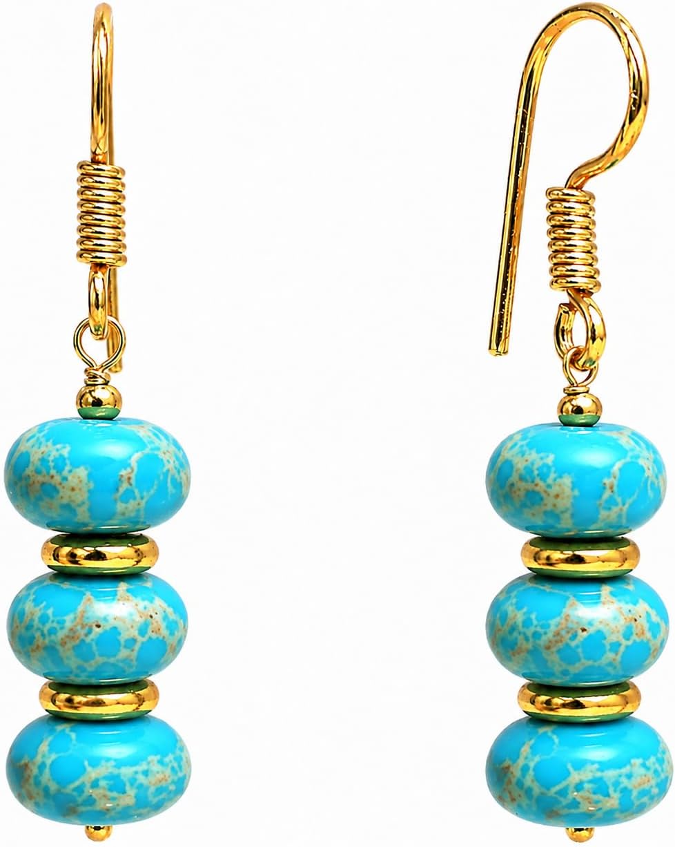 Gempires Natural Gemstone Rondelle Bead Earrings for Women | 8mm Beaded Drop Dangle Earrings | Gold Plated Hypoallergenic Hook Jewelry | Handmade Lightweight Crystal Earrings