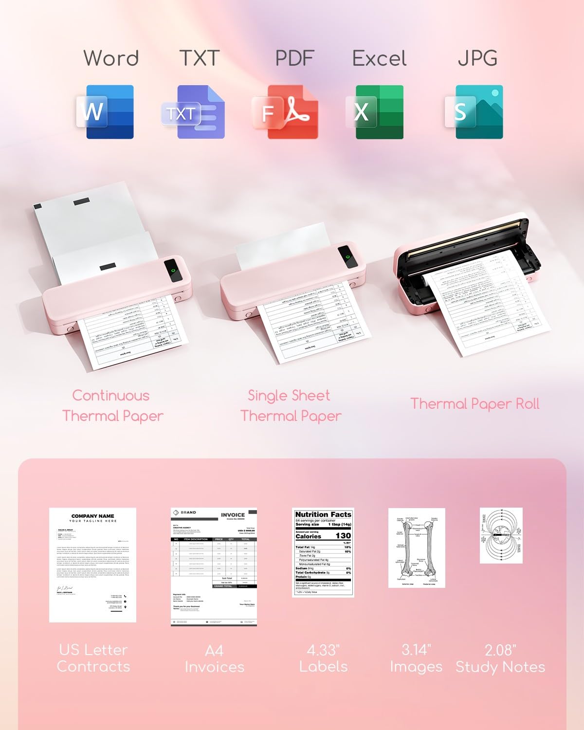 Portable Thermal Printer A4 Inkless Wireless Bluetooth Small Mobile - Black