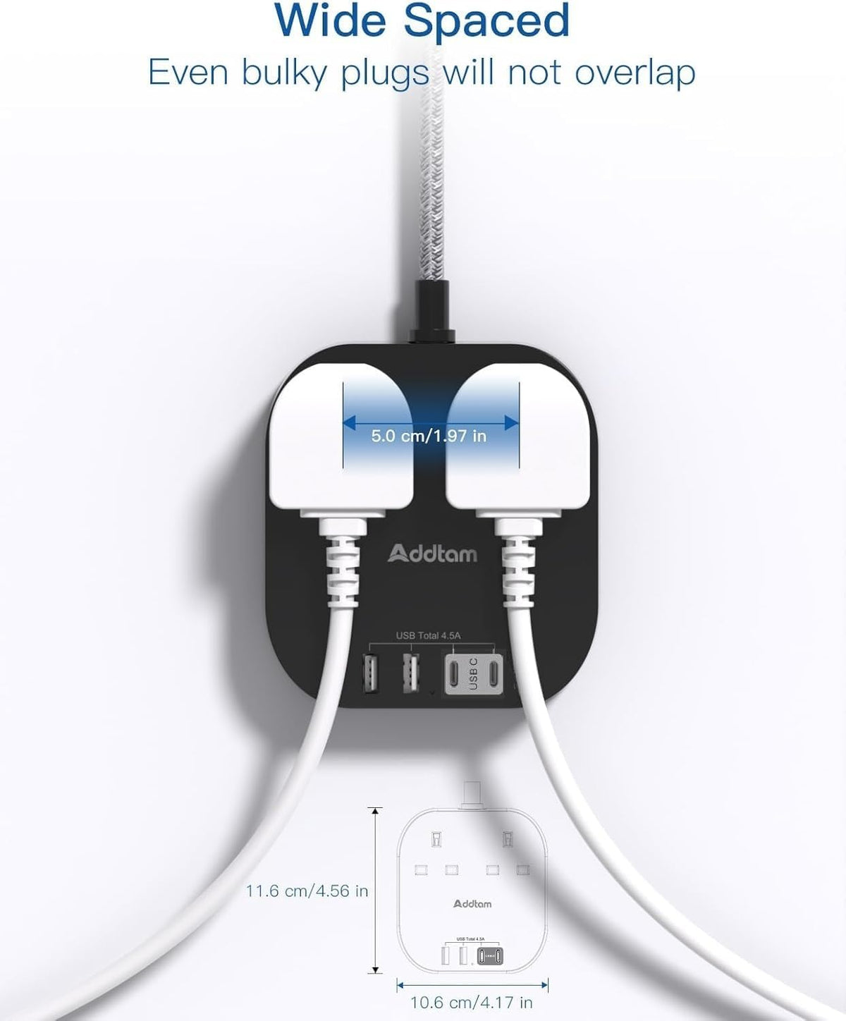 Addtam 3M Extension Lead with USB Slots, Power Strips with 2AC Outlets 4USB