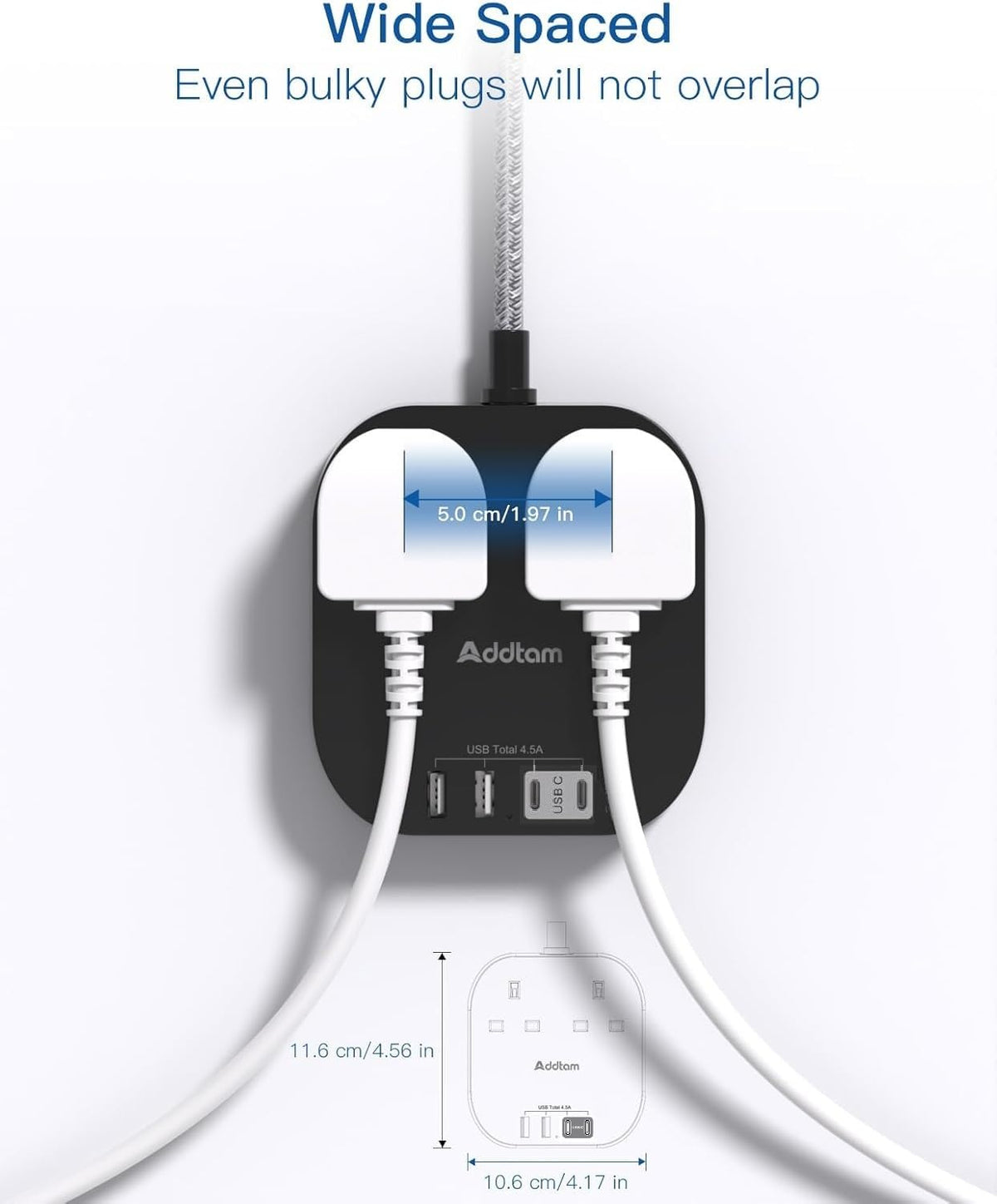 Addtam 3M Extension Lead with USB Slots, Power Strips with 2AC Outlets 4USB