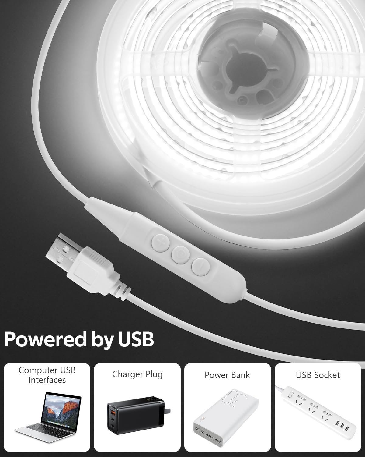 Aclorol 3M COB LED Strip Light Warm White 3000K 5V USB Flexible LED Light Strip 8mm Width Dimmable CRI85+ Dotless Tape Light High Density 320LEDs/M for Bedroom Kitchen Under Cabinet Home Decor