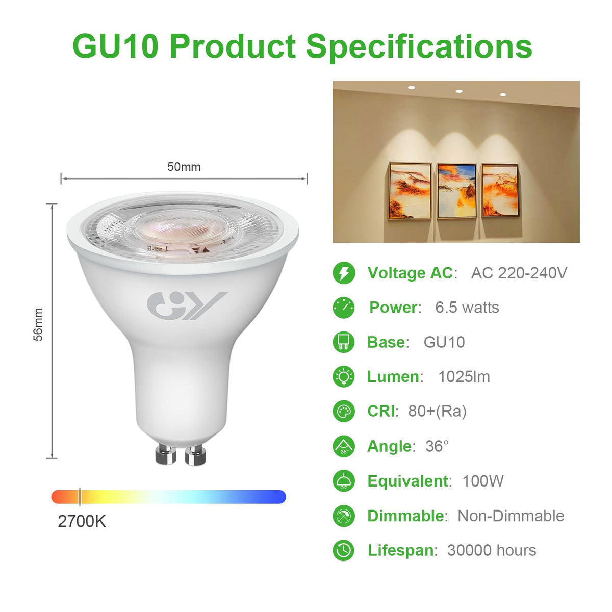 GY GU10 LED Bulbs Warm White 2700K,8W 800lm Energy Saving Light Bulbs,Equivalent to 80W 120° Wide Beam for Ceiling Non-dimmable,Pack of 12