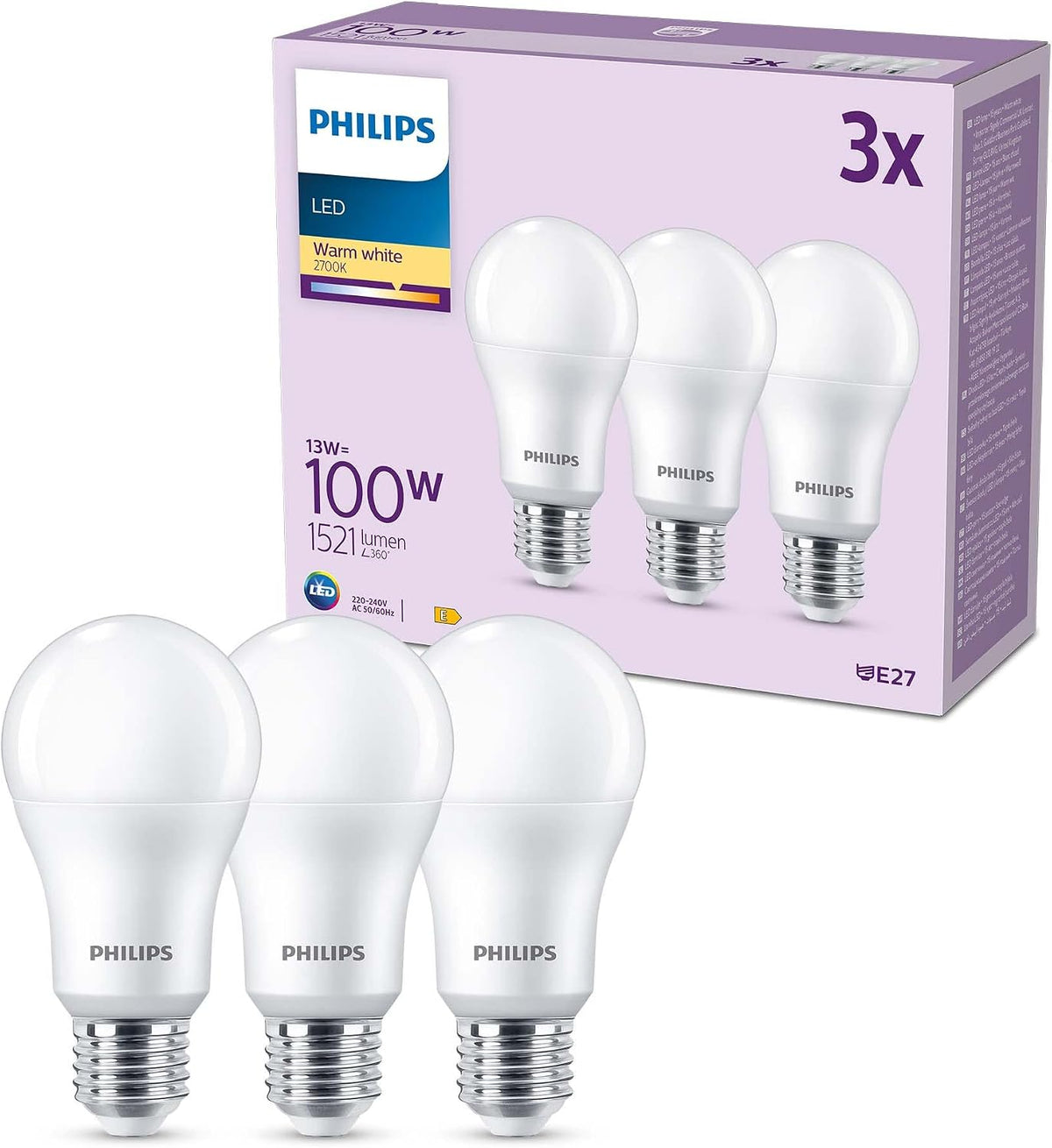 PHILIPS LED Frosted A67 Light Bulb 3 Pack [Warm White 2700K - E27 Edison Screw] 100W, Non Dimmable. for Home Indoor Lighting