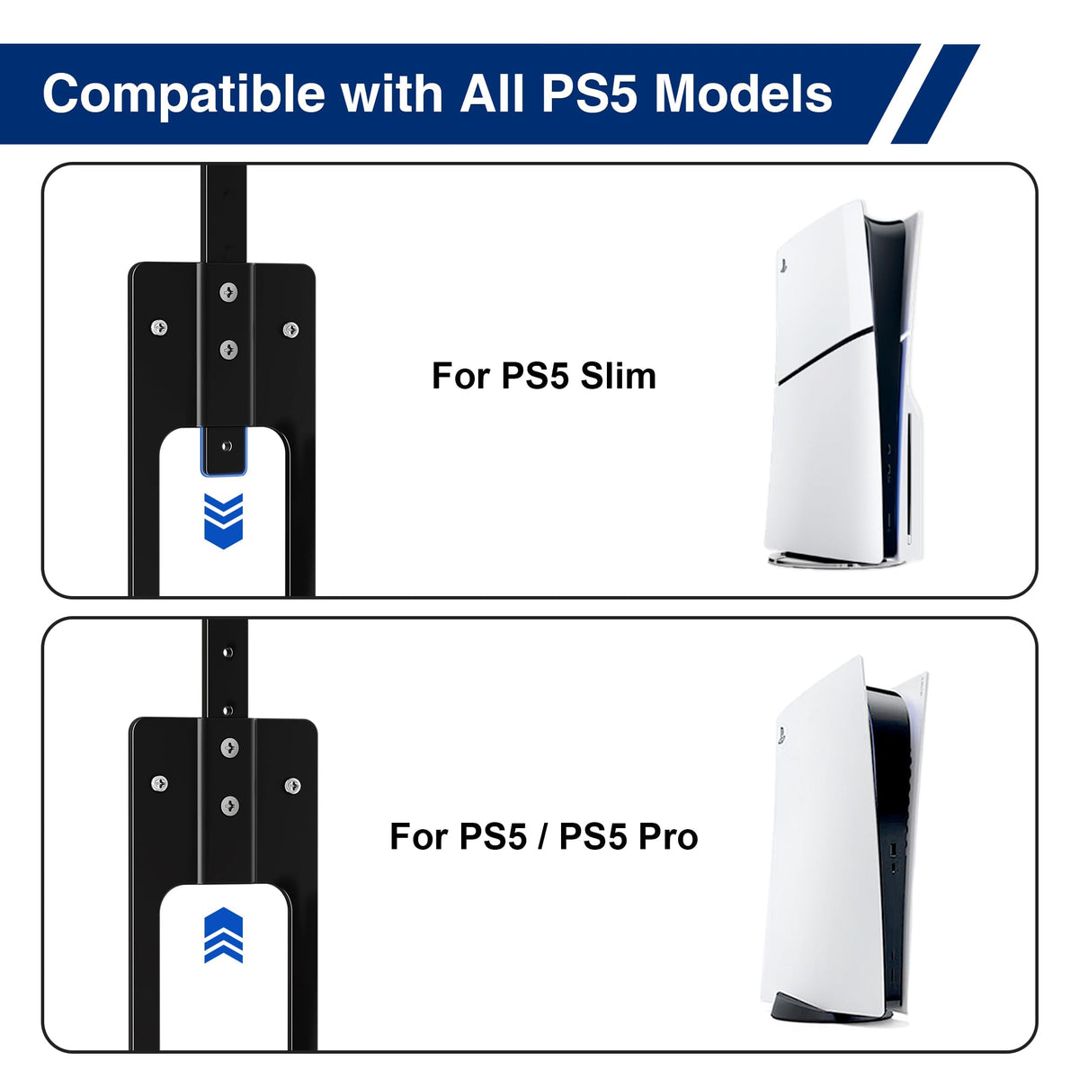 pickpiff PS5 Wall Mount Bracket, Compatible with All PlayStation 5 Models (Disc, Digital, Slim & Pro), Adjustable Console Holder with 2 Controller Holders, White