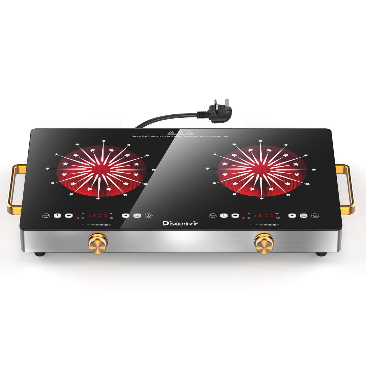 Double Ceramic Hob with Handle, Plug in 2 Ring Electric Hob