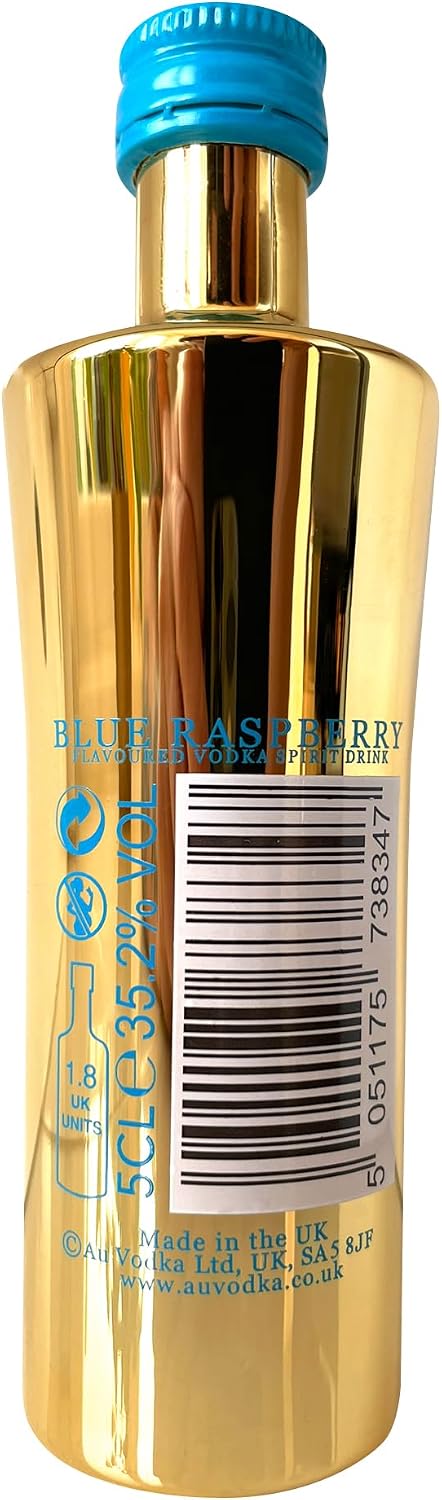 Au Vodka Gift Set - Blue Raspberry Flavoured Vodka 5cl Miniature & Diamond Cut Gold Glass - Official Licensed - Fathers Day, Birthday Gifts for Men and Women - Handcrafted In The UK, Alcohol Gift Set