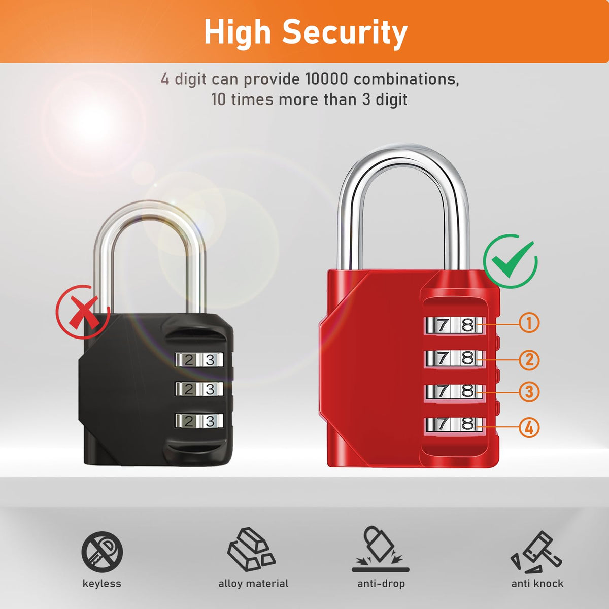 NAGE Padlocks with Code, Combination Lock 4 Digit Gym Locker (1P, Red)