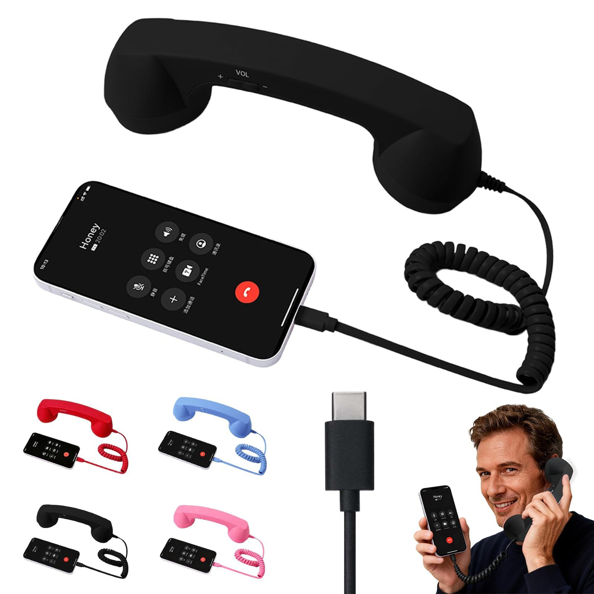 Retro Phone Handset for iPhone & Android, 2026 New Type-C Wired Receiver with Microphone & Speaker (2Pcs(Black and Red))